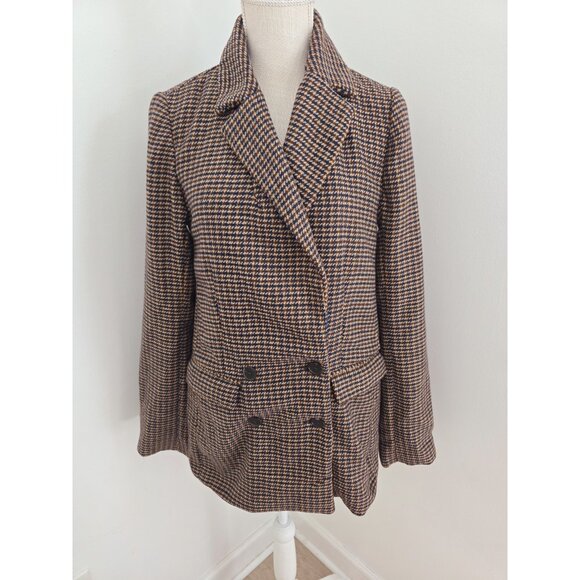 Old Navy Houndstooth Brown Double Breasted 70s 90s Relaxed Blazer Jacket S Tall - Picture 1 of 11
